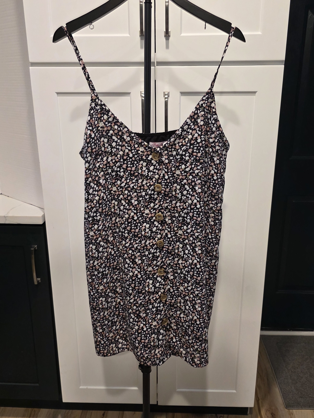 Pink Lily Black Floral Mini Dress with Buttons